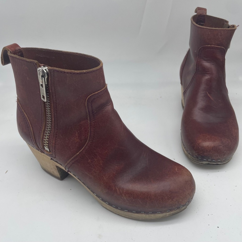 Swedish Hasbeens Leather Clog Ankle Boots Burgundy Brown Wood Heel 38